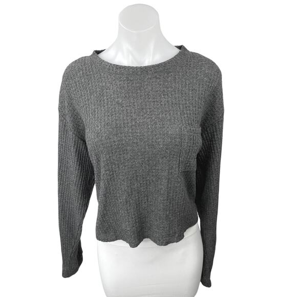 Wild Fable Gray Waffle Knit Pocket Long Sleeve Pullover Crop Sweater Top Size L - Picture 1 of 4